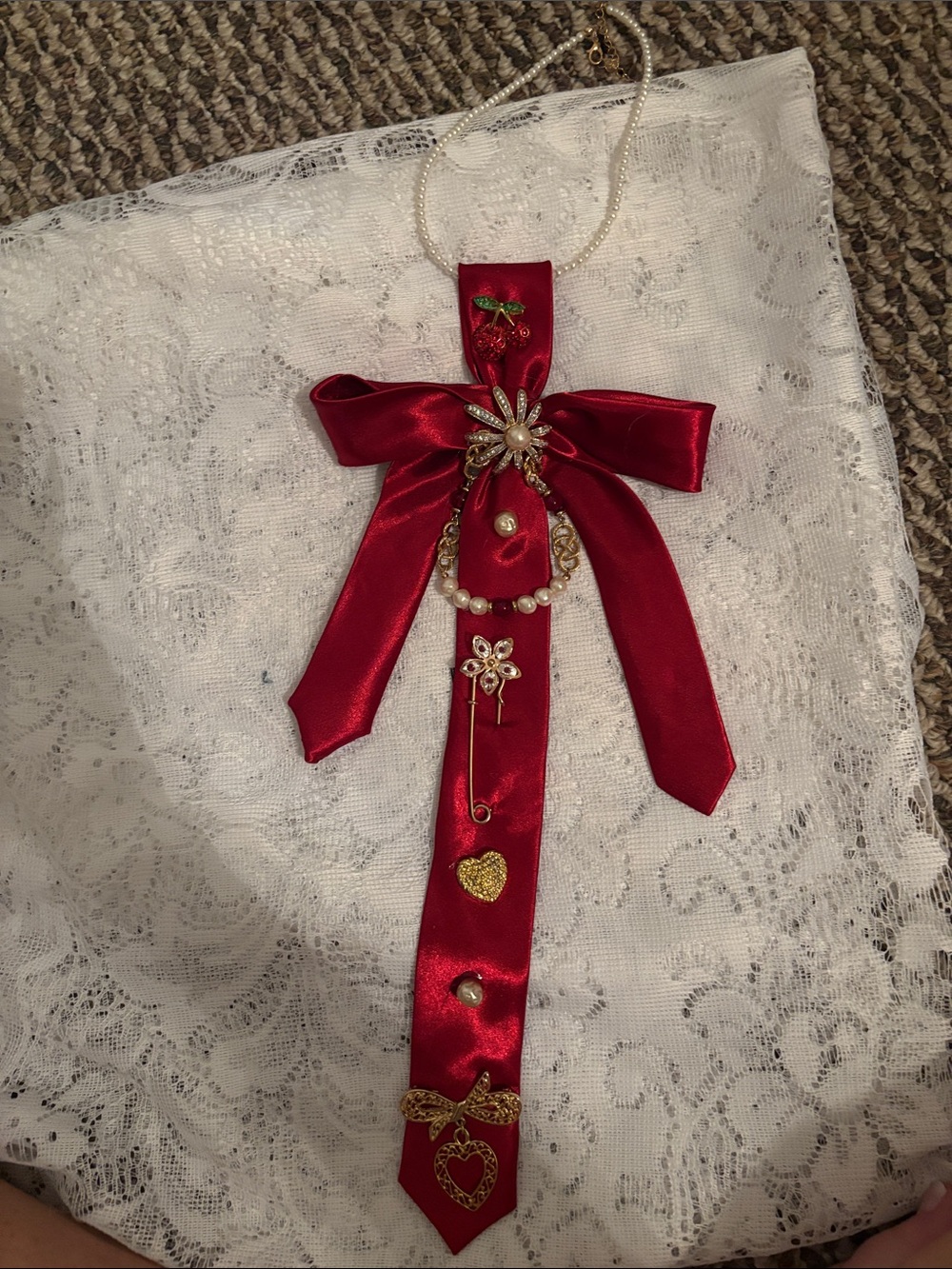 Elegant Red Satin Bow Hanging Necklace Tie- Brand